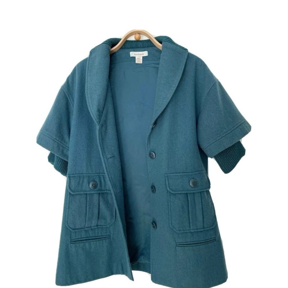 Women's Sundance Catalog Large Teal Mid-Sleeve Lined Button Down Coat w/pockets - Picture 2 of 4